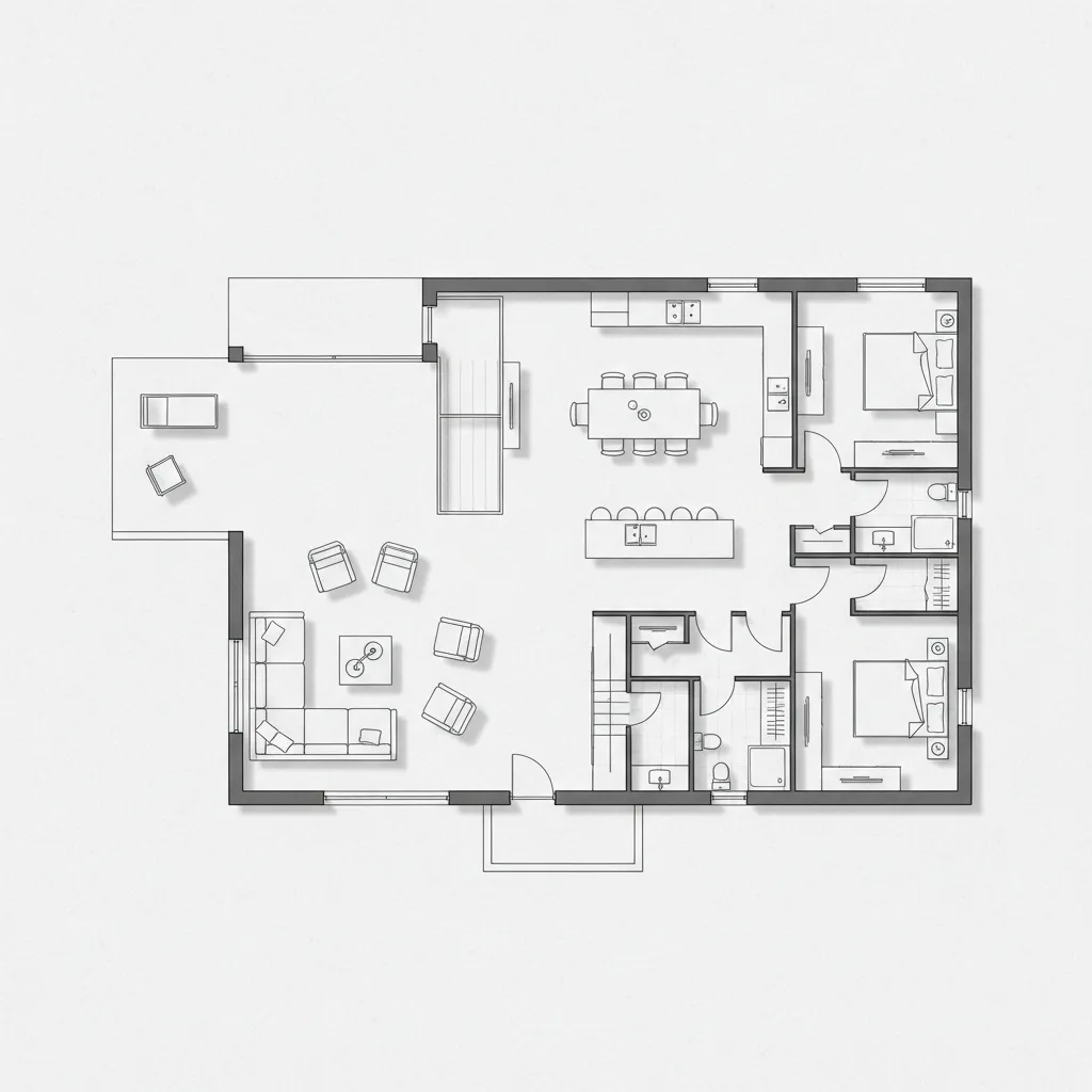 Plano moderno de casa con espacios abiertos