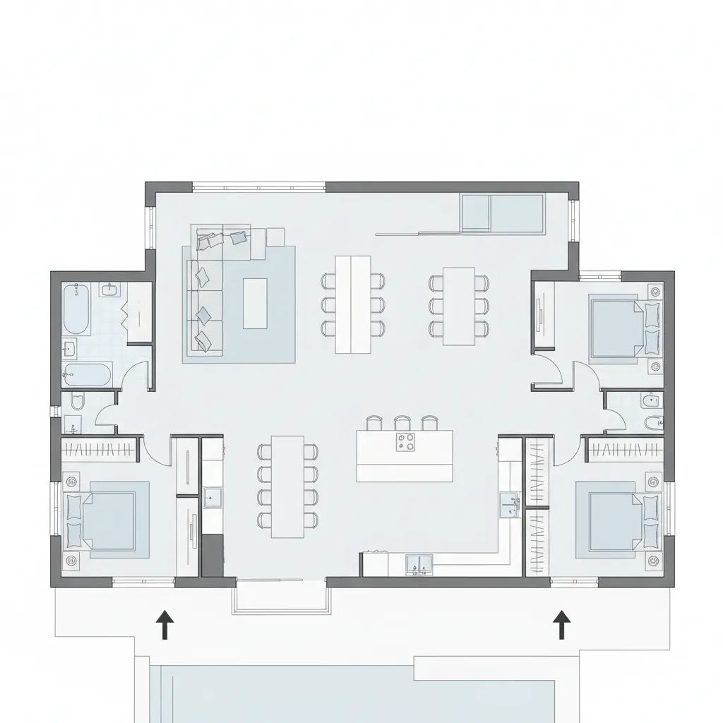 Floor plan design showing a house layout with three bedrooms, kitchen, living area, and bathrooms