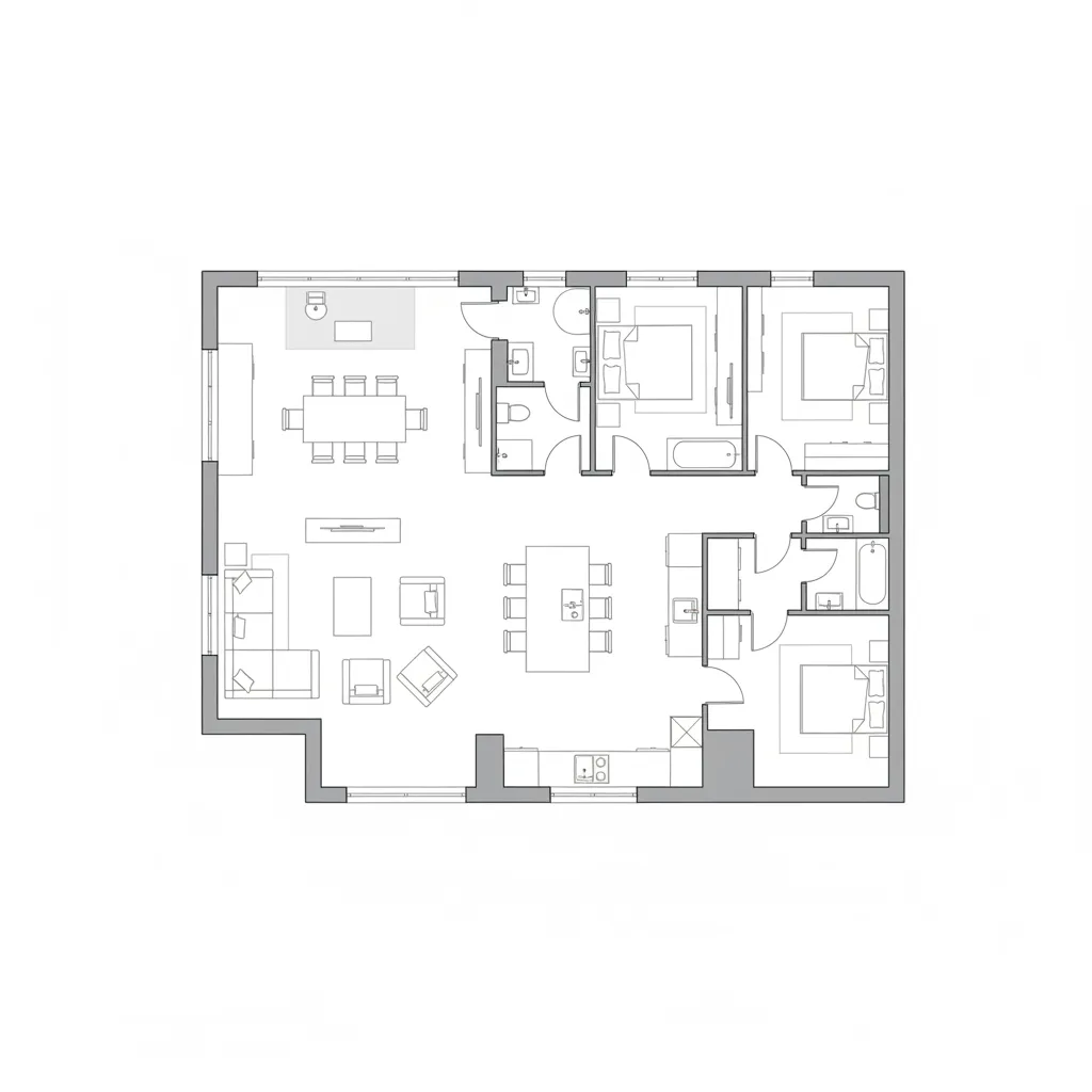 Plano arquitectónico moderno con distribución abierta