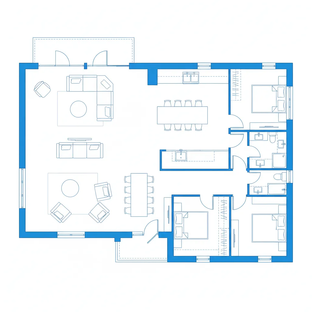 Plano arquitectónico moderno de una casa con distribución abierta