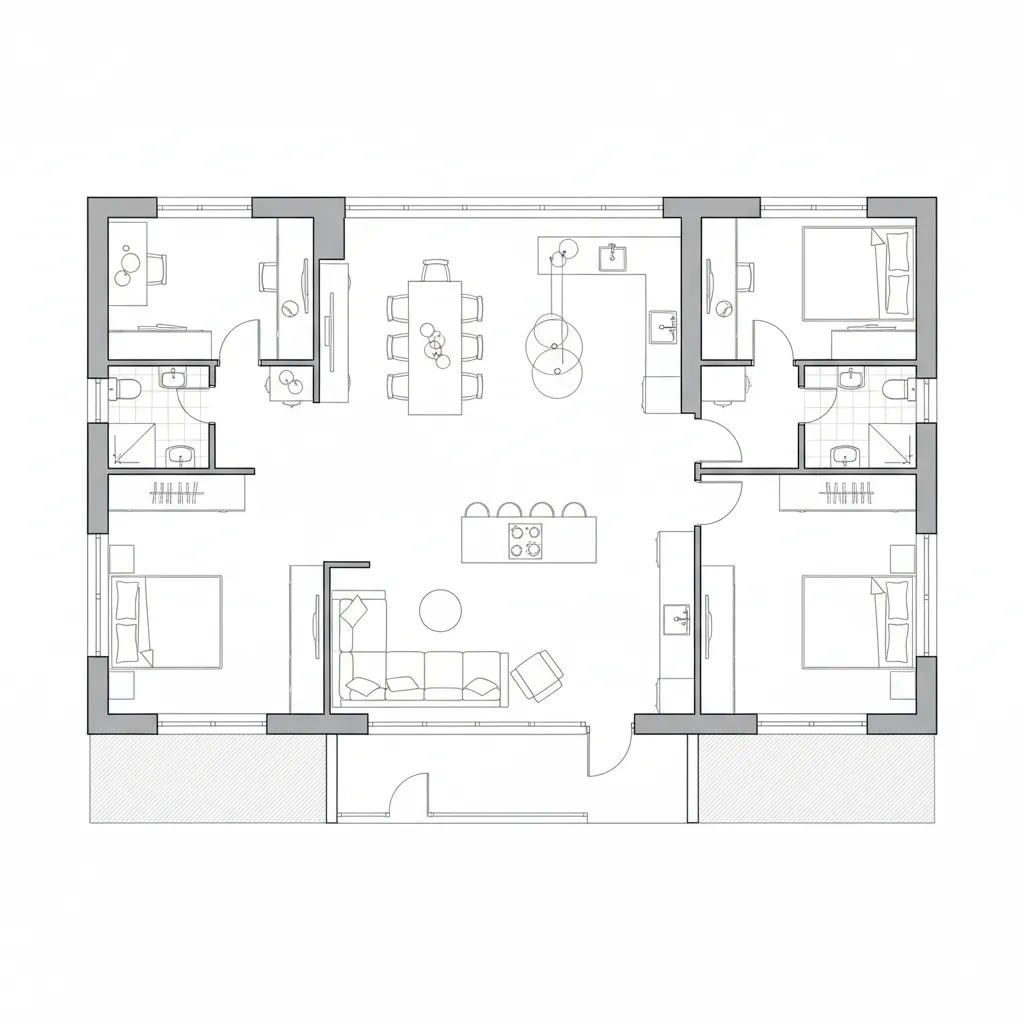 Plano arquitectónico moderno de casa con distribución abierta