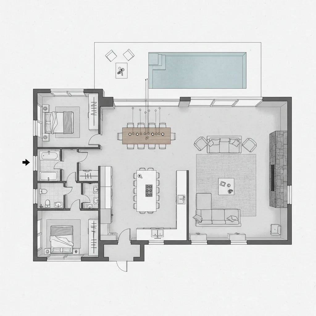 Plano moderno de casa con distribución abierta