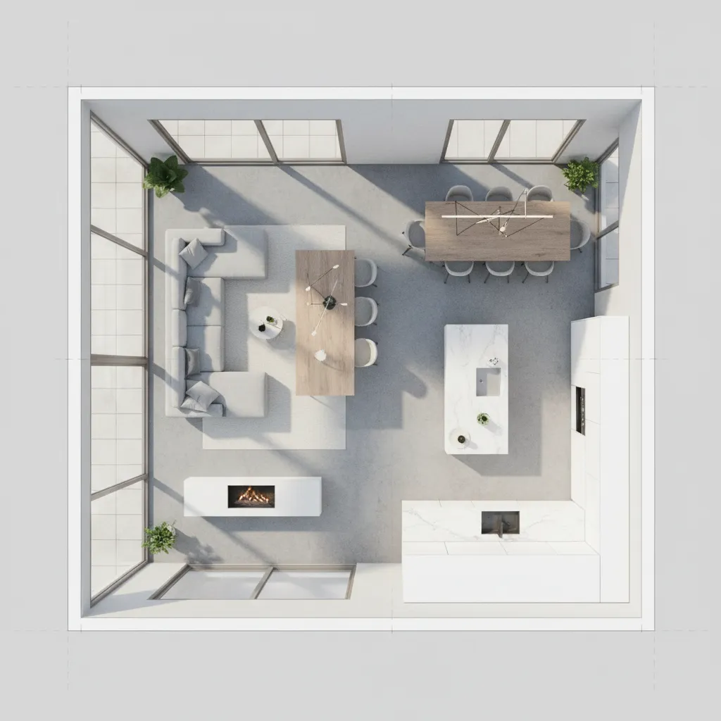 Plano moderno de vivienda con distribución abierta