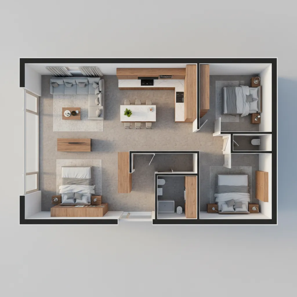 Render 3D de plano de casa moderna