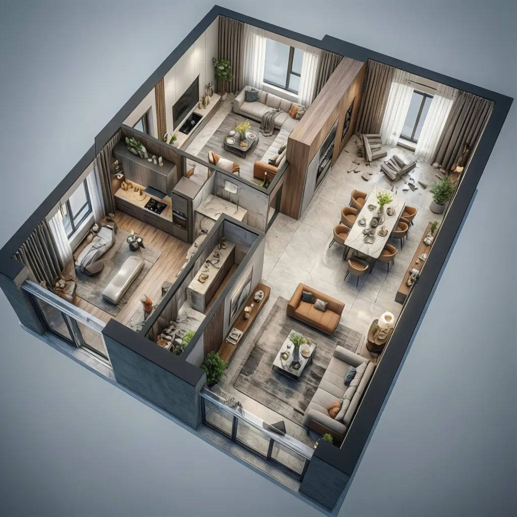 Plano 3D de una casa moderna con espacios abiertos