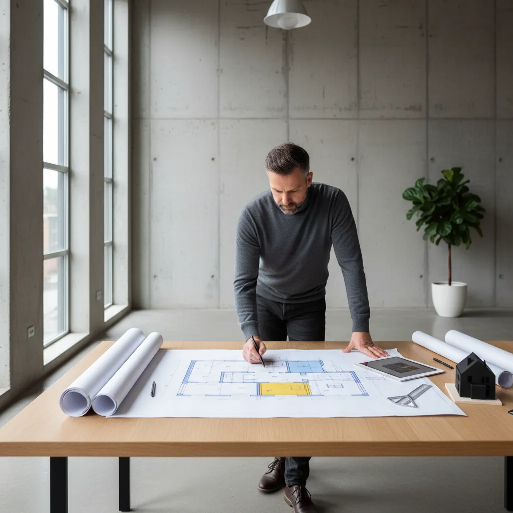 Plano arquitectónico moderno de una vivienda contemporánea