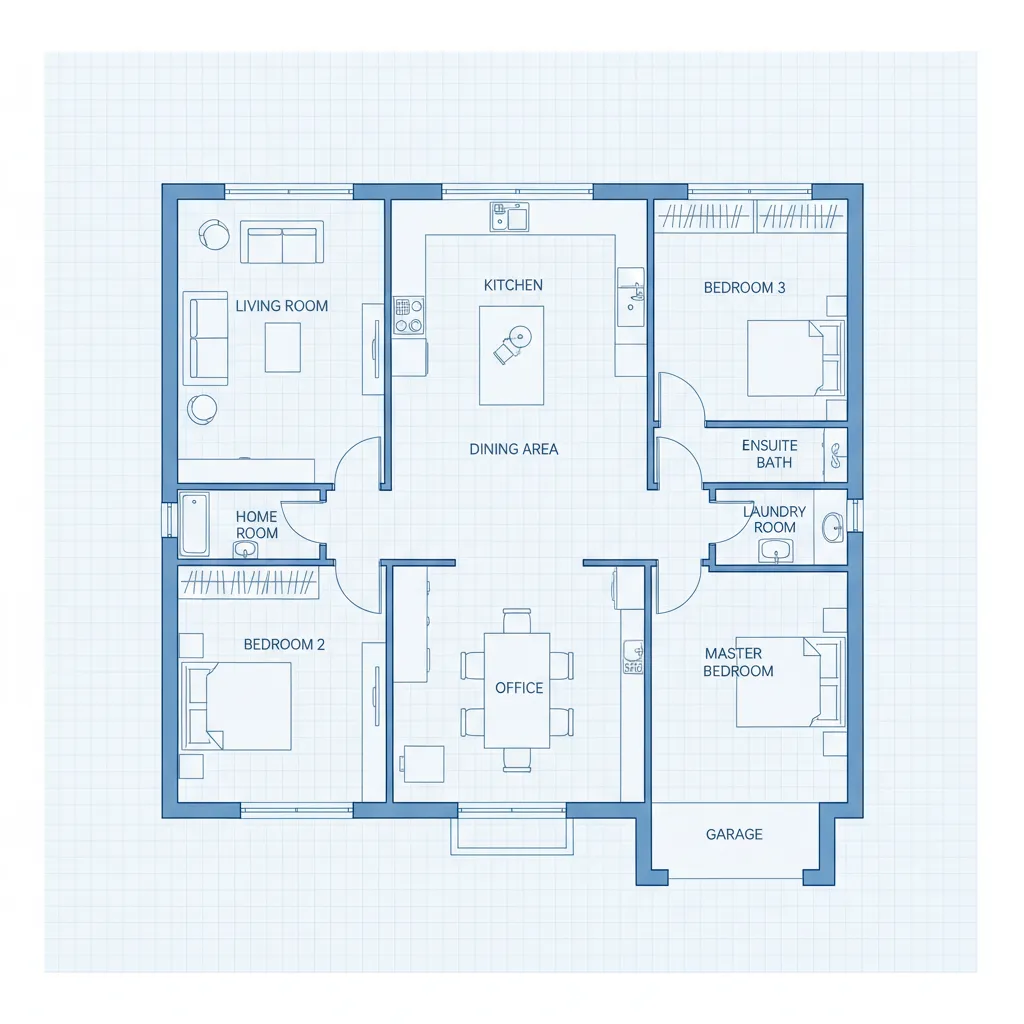 Blue house floor plan on grid background showing labeled rooms including bedrooms kitchen and office