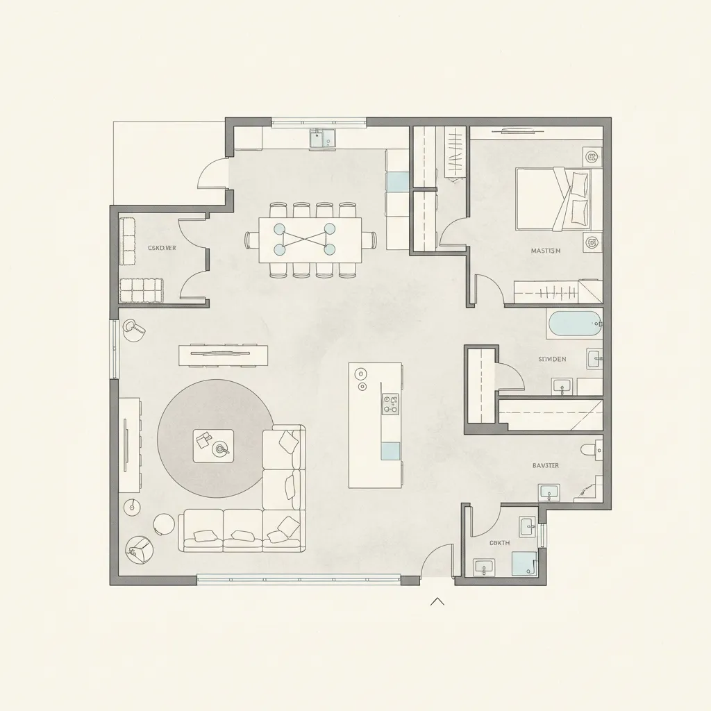 Plano arquitectónico moderno de una casa con distribución abierta