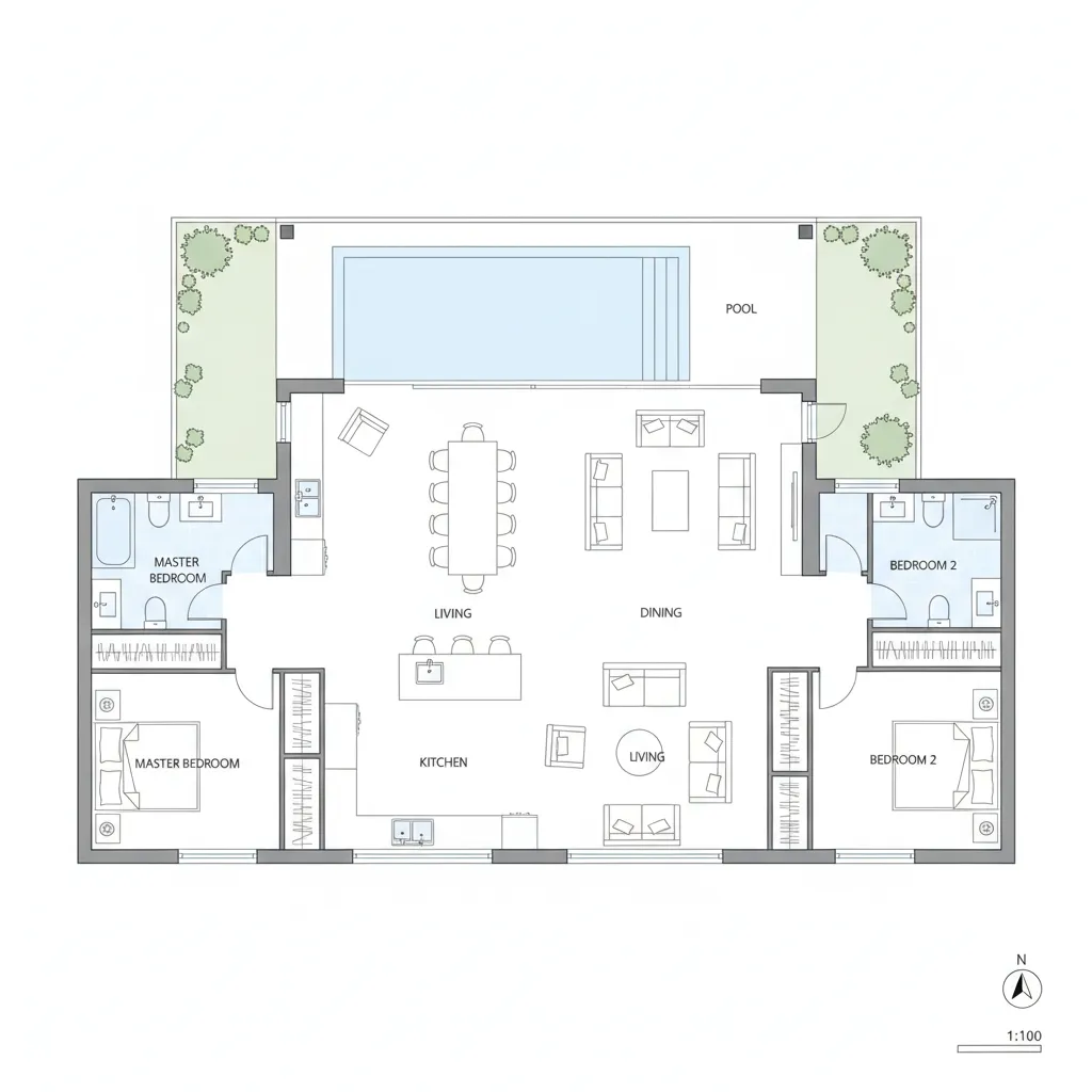 Plano de distribución de una casa moderna con espacios abiertos