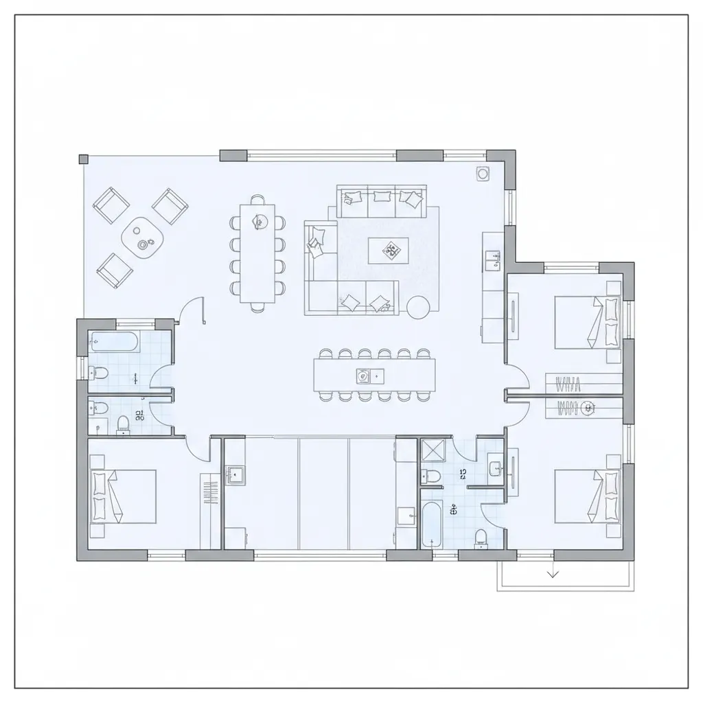 Plano arquitectónico de una casa moderna con distribución abierta