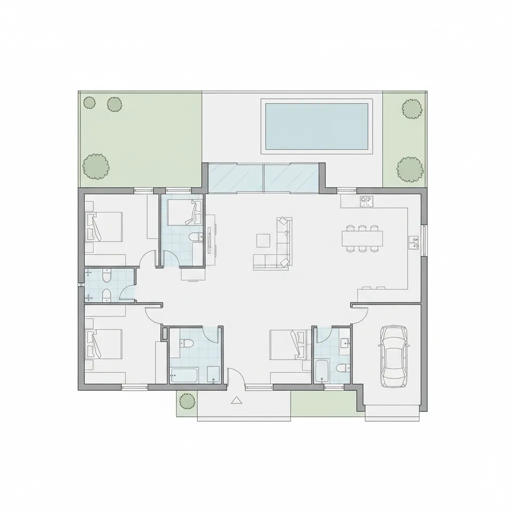 Plano arquitectónico de casa moderna de una planta
