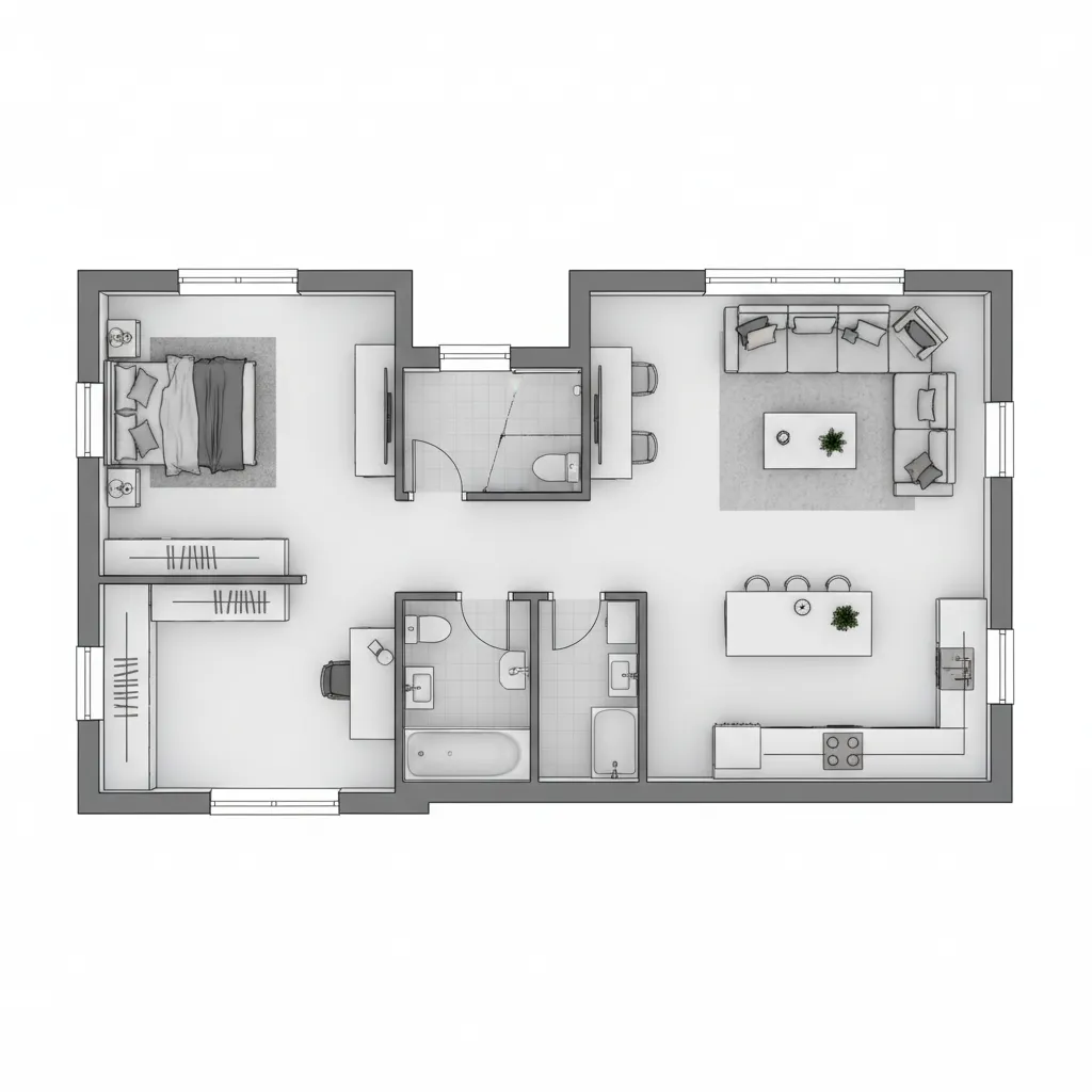 Top view floor plan layout showing a living room kitchen bedroom bathroom and a workspace
