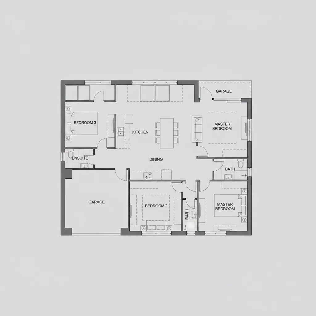 Modern house interior design room layout showing kitchen, dining area, three bedrooms, and garage spaces