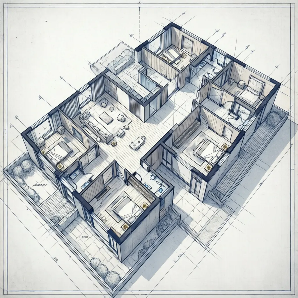 Hand-drawn interior design drawing of a house floor plan layout with bedrooms and furniture sketches