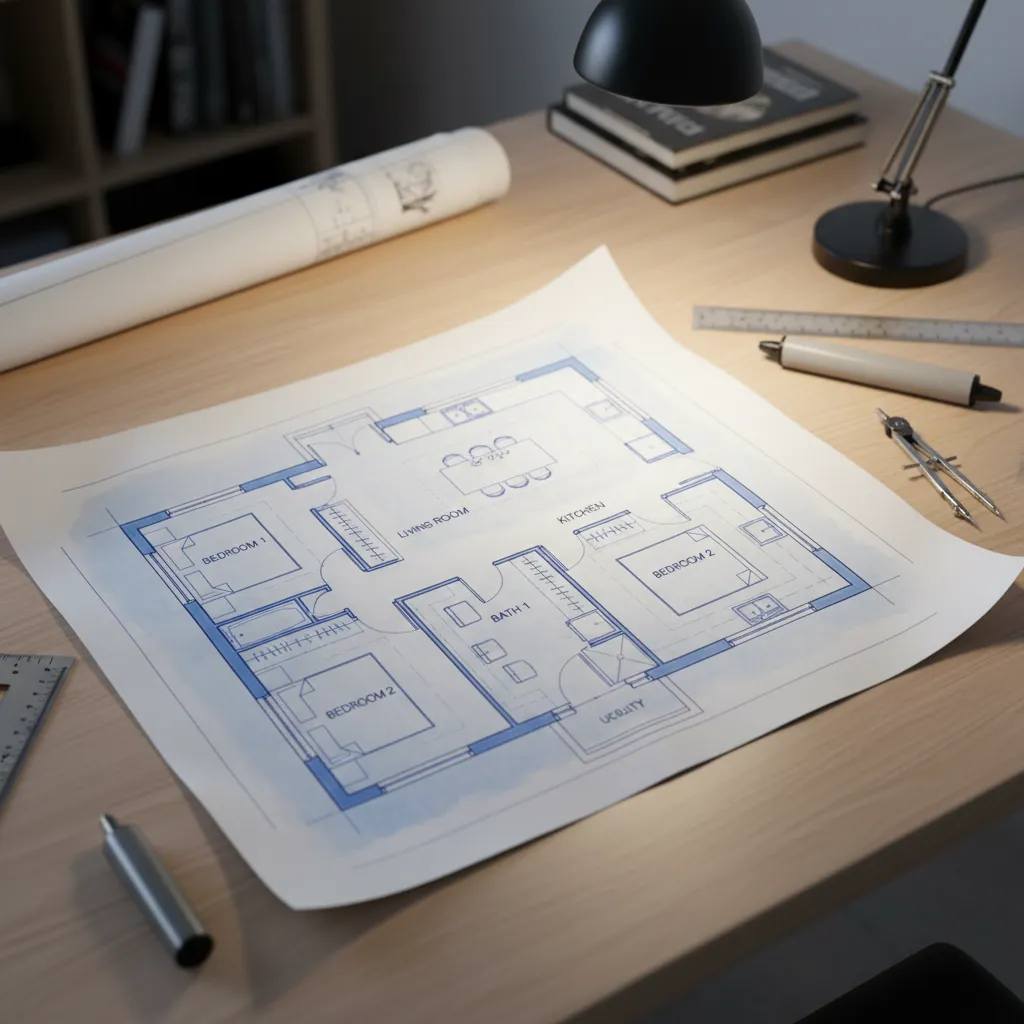 Detailed house floor plan drawing on a wooden desk with a light fixture and tools