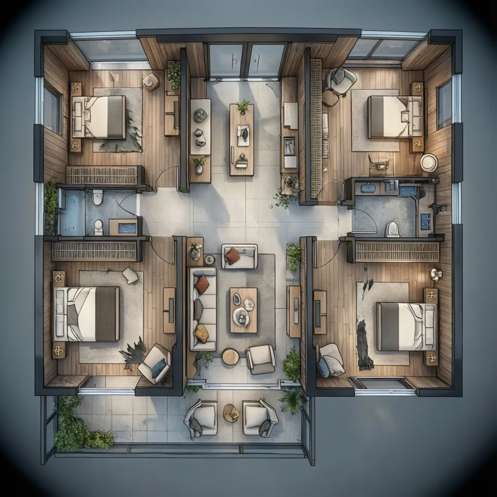 Plano arquitectónico moderno con distribución clara de habitaciones