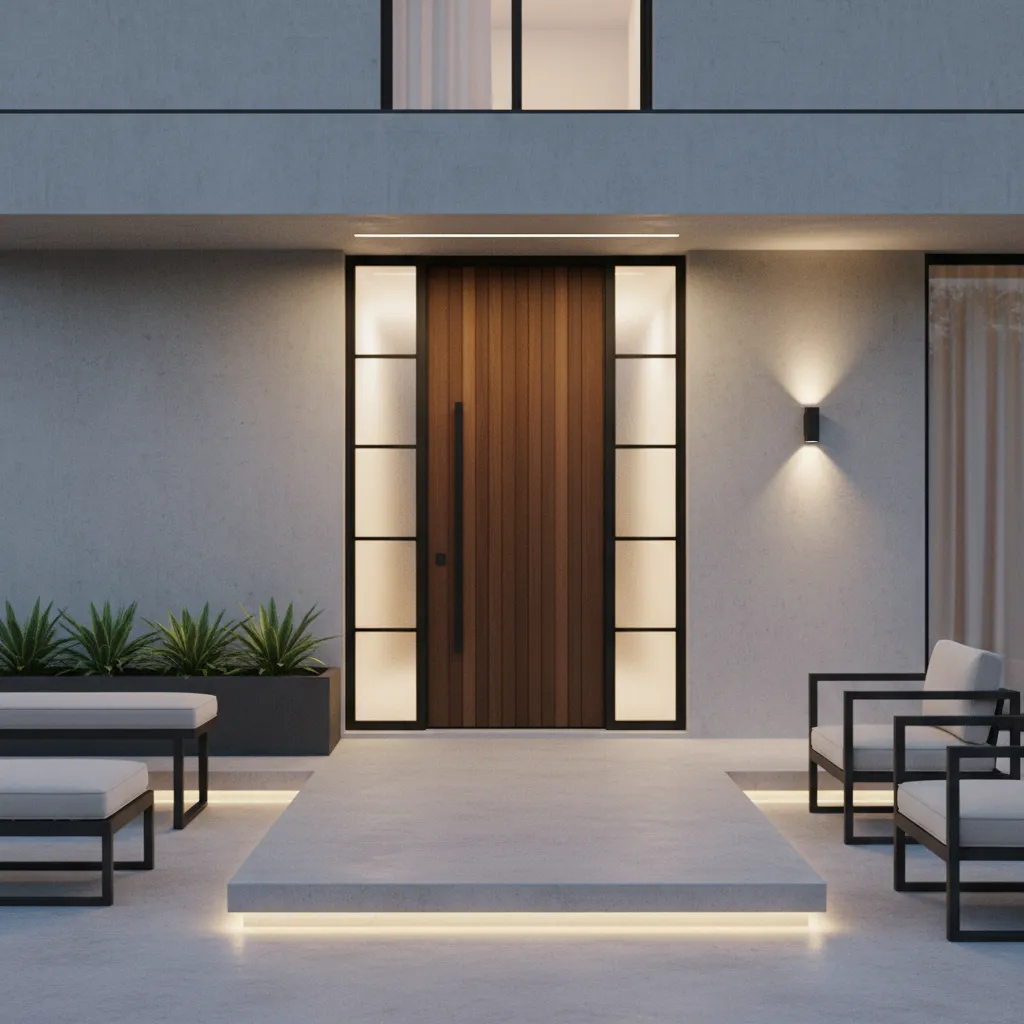 Thiết kế cửa chính nhà hiện đại với ánh sáng lối vào