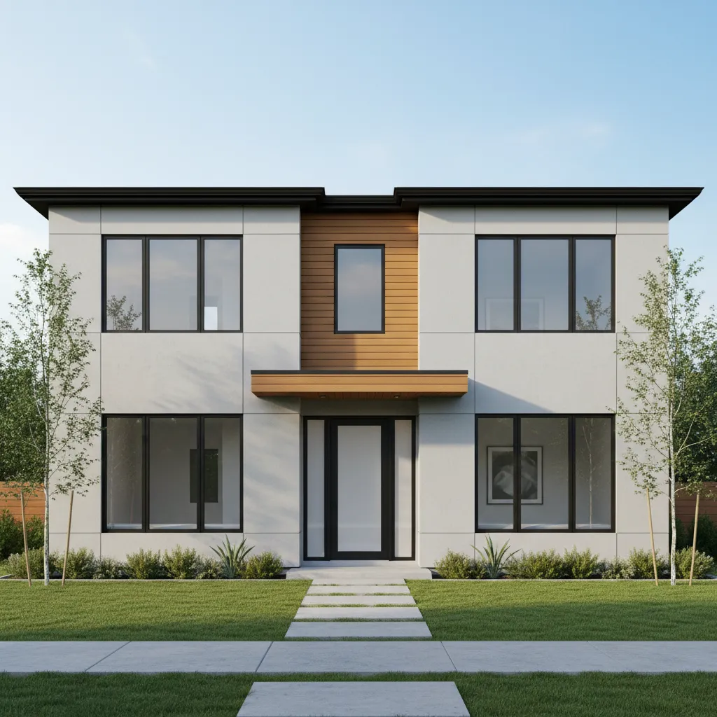 Modern model house front elevation with balanced windows and materials