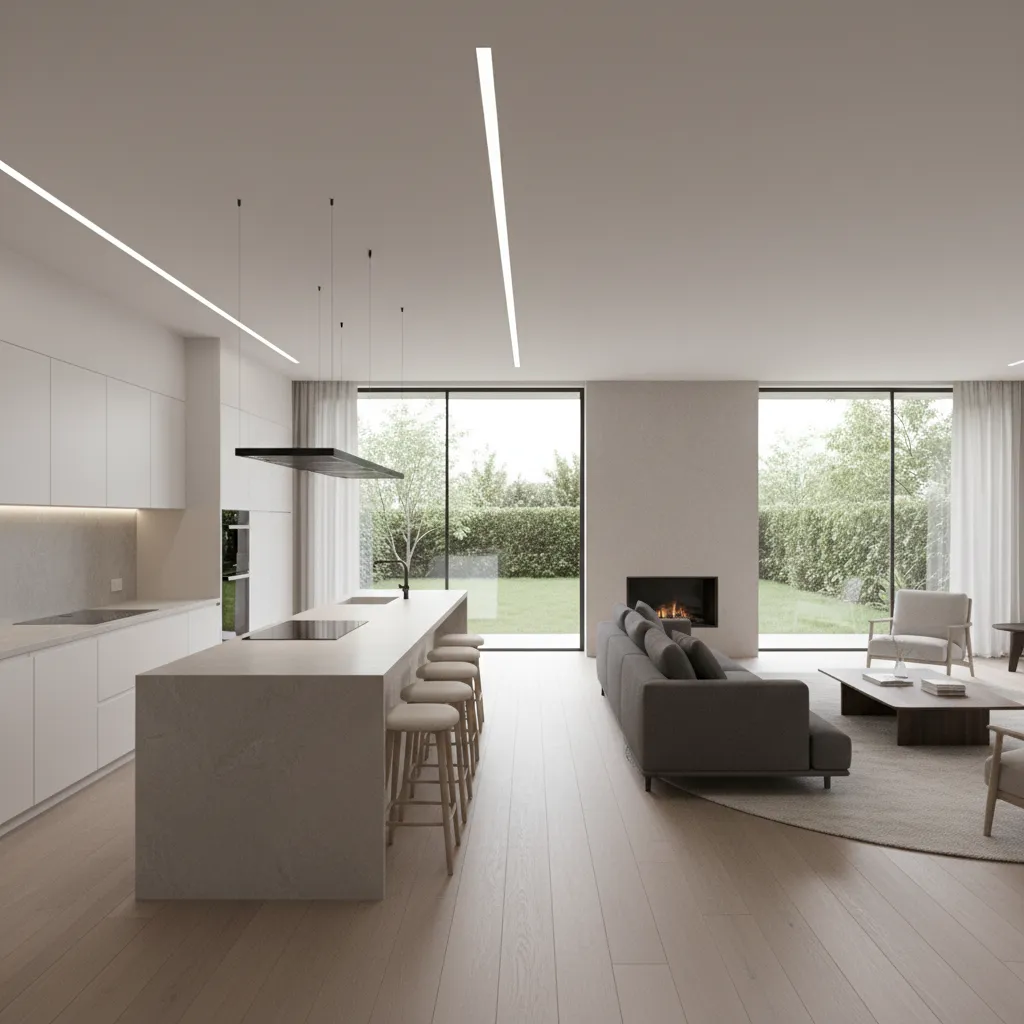 Modern house layout where kitchen sits at the front and living room opens to backyard