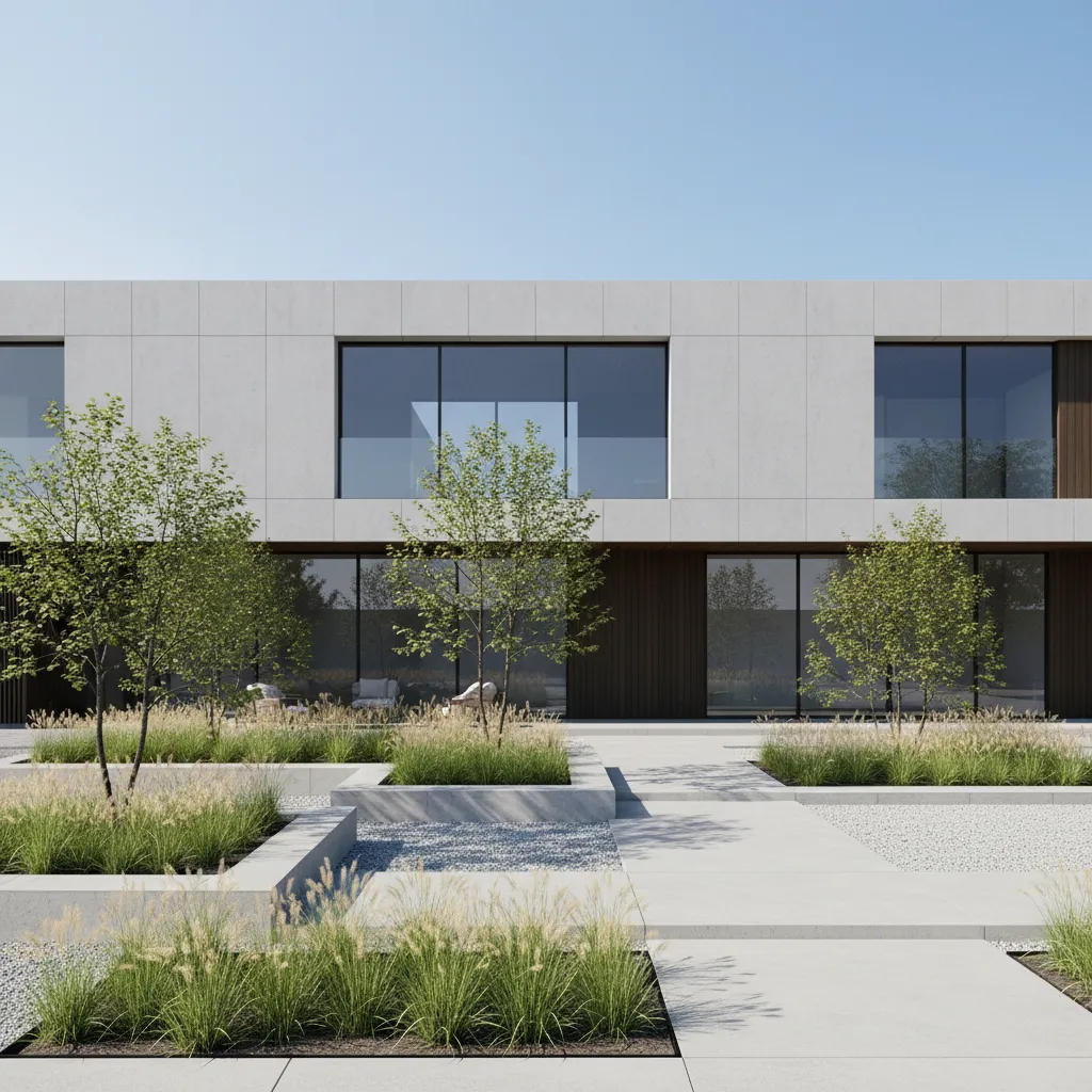Minimalist landscaping design for a modern house front with geometric planting beds