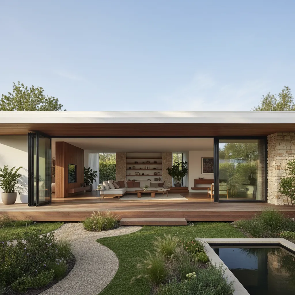 Casa moderna de una planta conectada con terraza y jardín