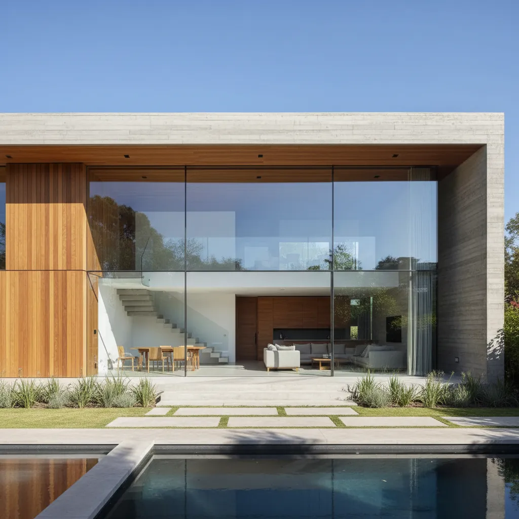 Casa moderna con fachada de vidrio y diseño minimalista
