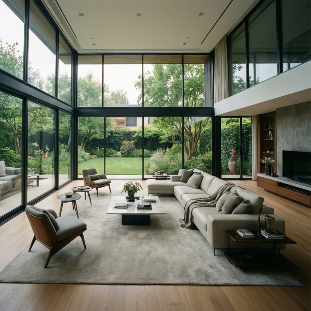 Modern living room with floor to ceiling windows beige sofa marble coffee table and greenery