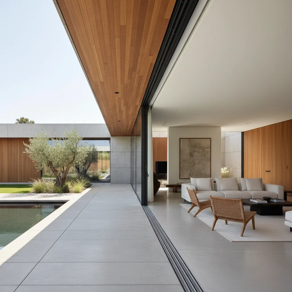 Sala moderna conectada con terraza y jardín mediante puertas correderas