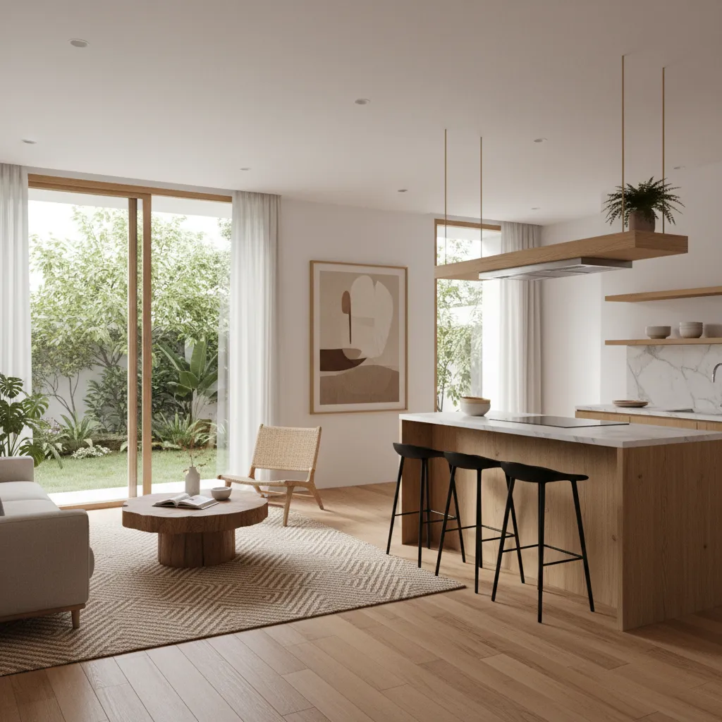 Modern renovated house interior with open living room and kitchen design
