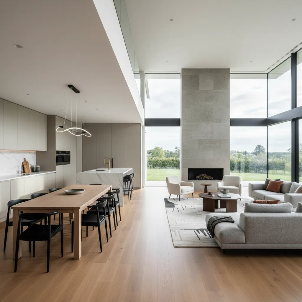 Modern open room with wooden dining table black chairs marble kitchen island and stone fireplace