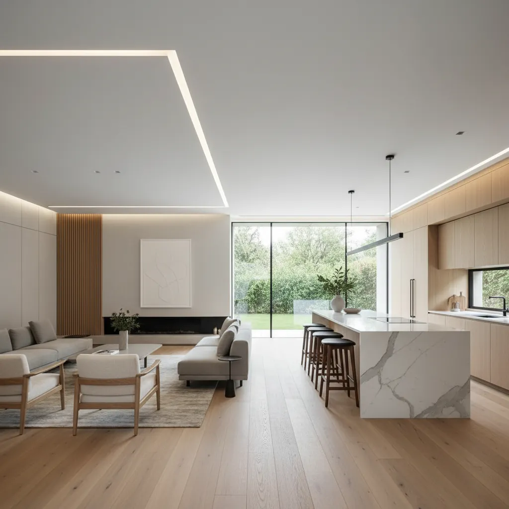 Minimalist open plan living area with grey sofa wooden floor marble kitchen island and garden views