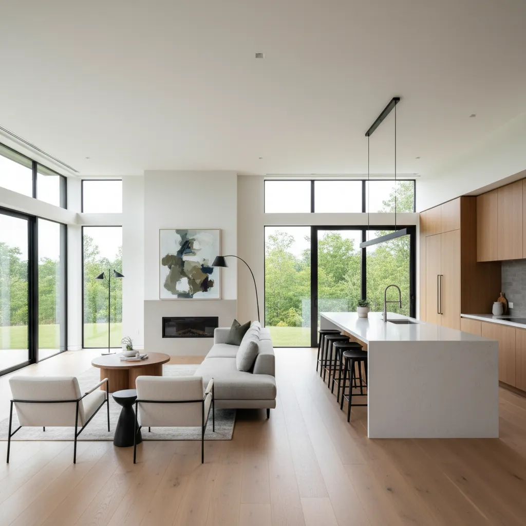 Interior moderno de salón y cocina abierta en vivienda de diseño