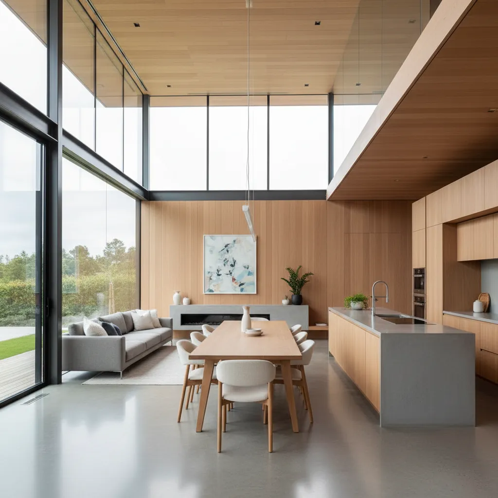 Modern living room with grey sofa wooden table concrete kitchen island and large glass windows