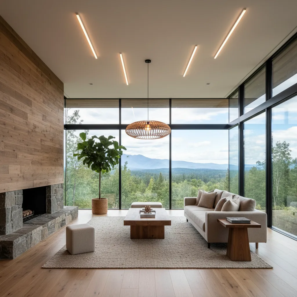 Interior moderno con madera, luz natural y estilo minimalista