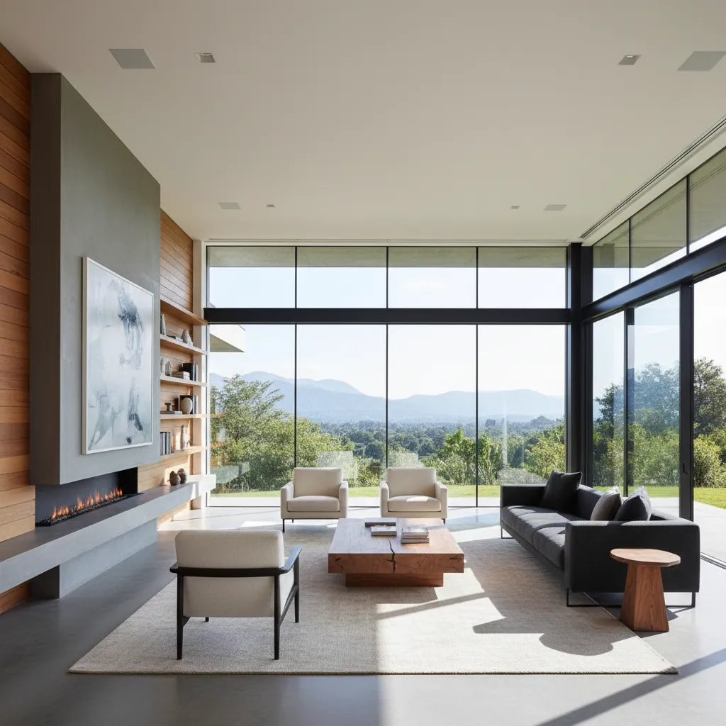 Interior moderno con espacio abierto y grandes ventanales