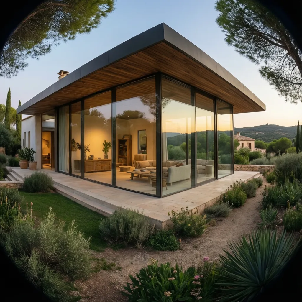 Fachada moderna con grandes ventanales frente al jardín