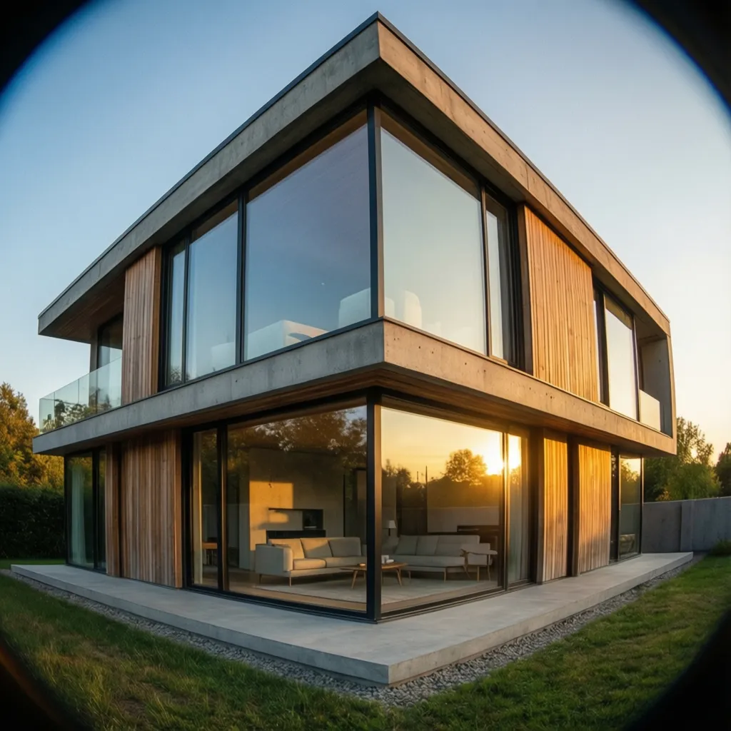 Fachada de casa moderna con grandes paneles de vidrio