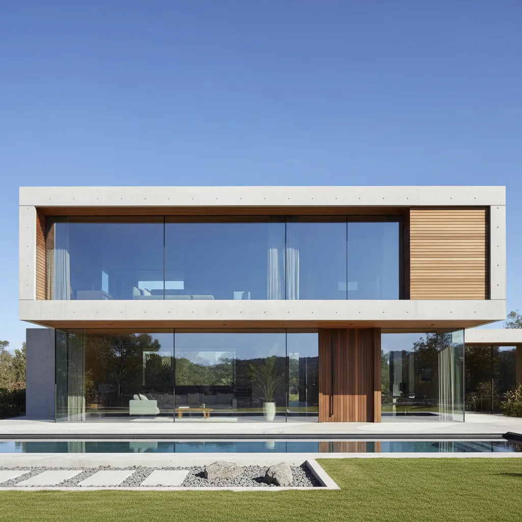 Casa moderna con grandes ventanales y fachada minimalista
