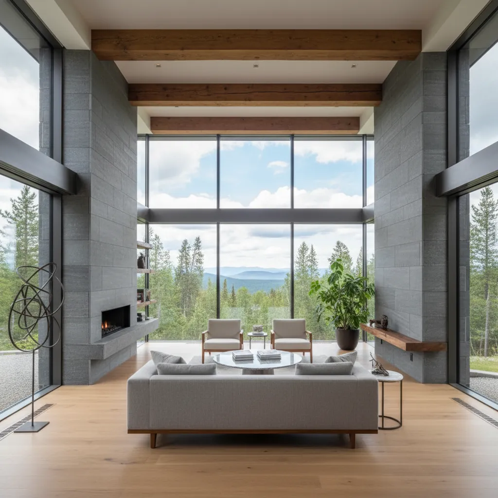 Modern living room with grey sofa, stone walls, large windows, mountain view, and wood flooring