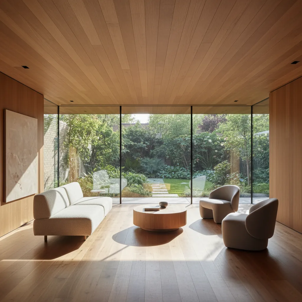 Casa moderna con grandes ventanales y conexión al jardín