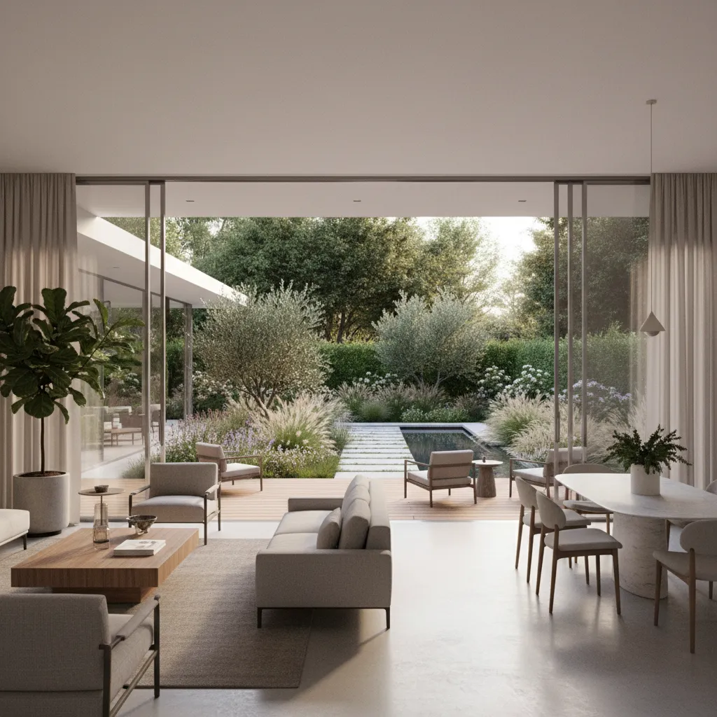 Casa moderna con grandes ventanales conectados al jardín
