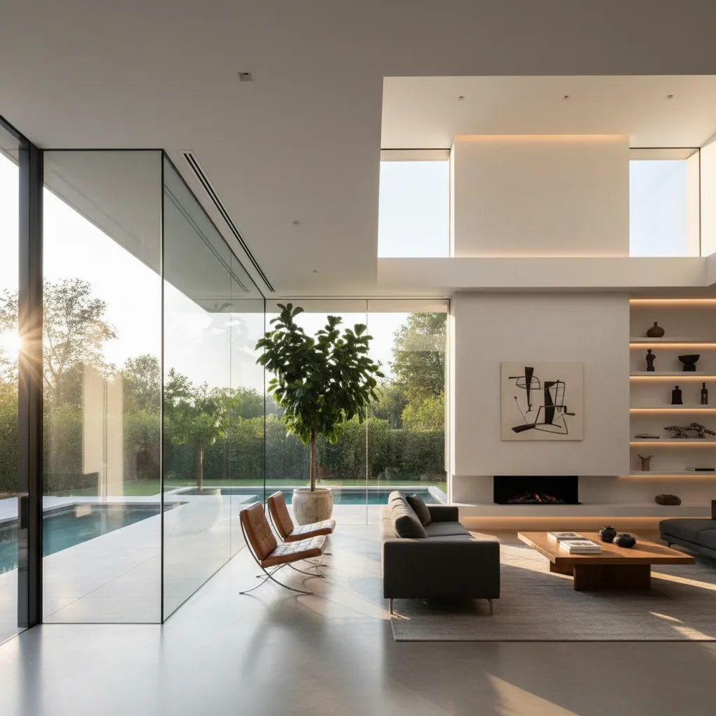 Casa moderna con grandes ventanales y conexión interior exterior
