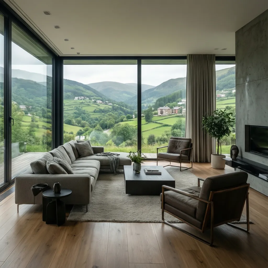 Interior moderno con grandes ventanales hacia paisaje verde
