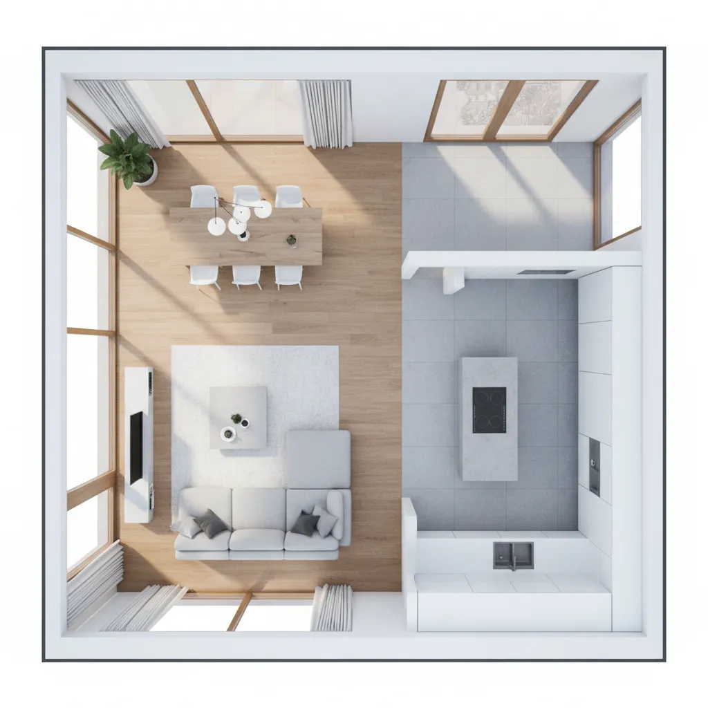 Top down interior design drawing showing modern living room and kitchen with a grey sofa