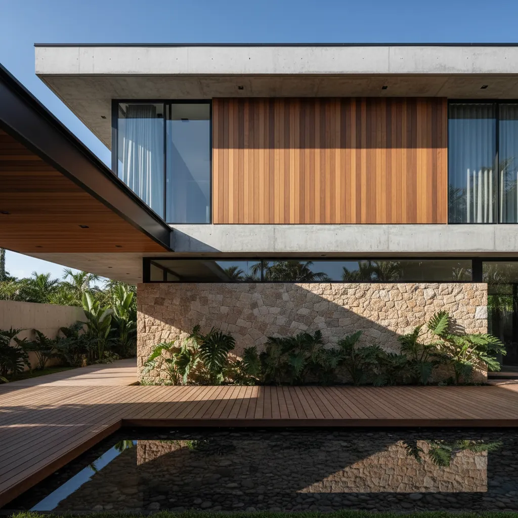 Fachada de casa moderna con concreto madera y piedra