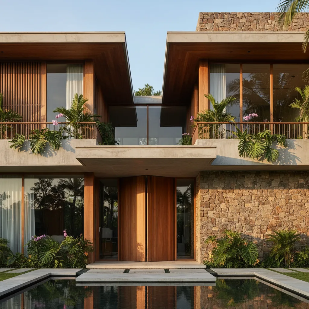 Fachada moderna con concreto, madera y piedra