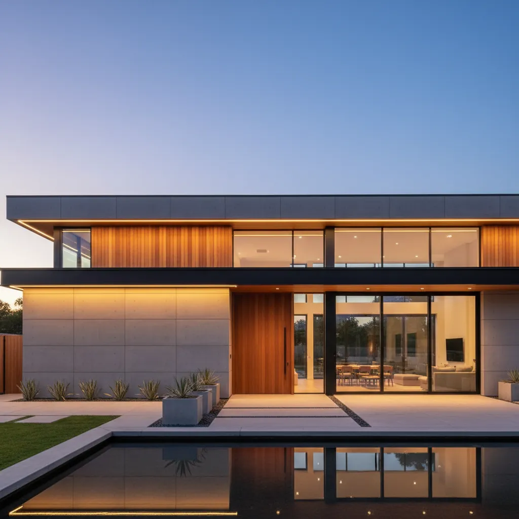 Fachada moderna combinando hormigón madera y vidrio