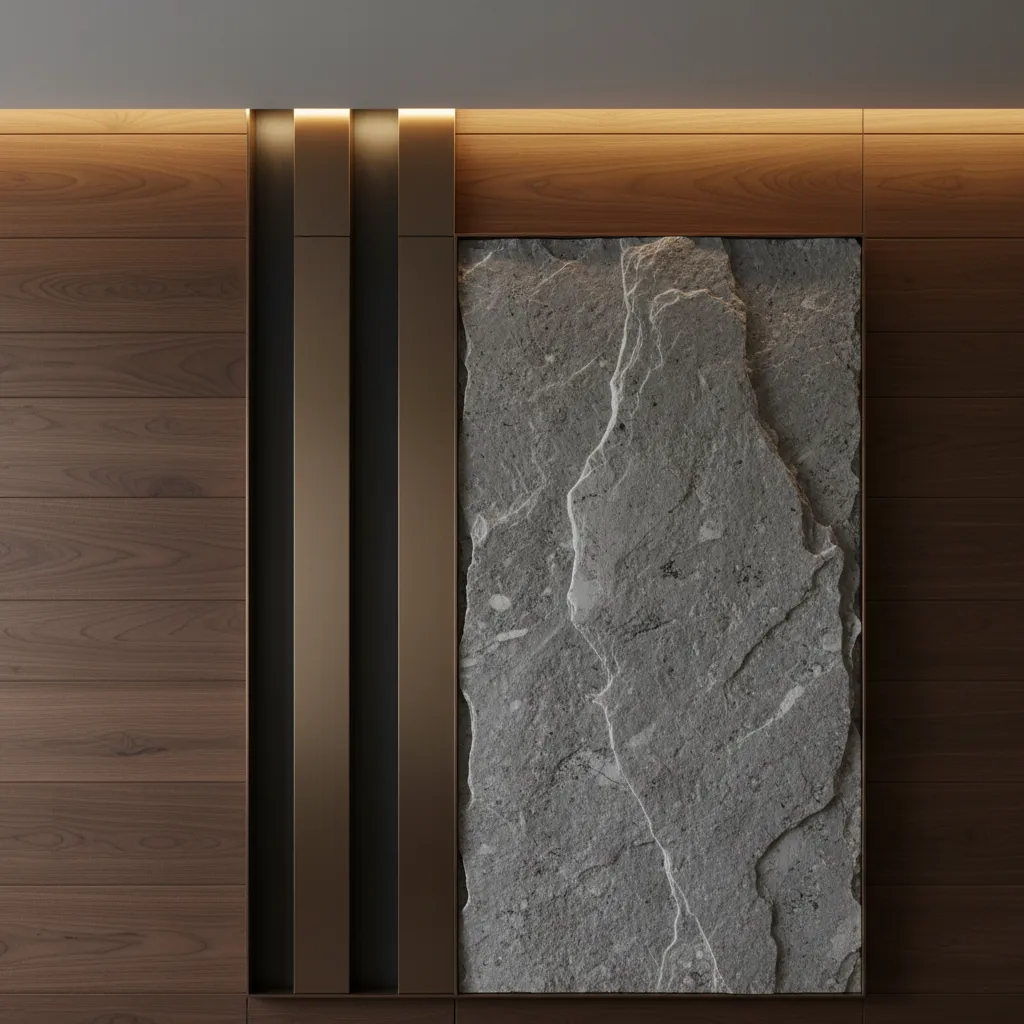 Detalle de materiales en diseño moderno con madera, piedra y metal