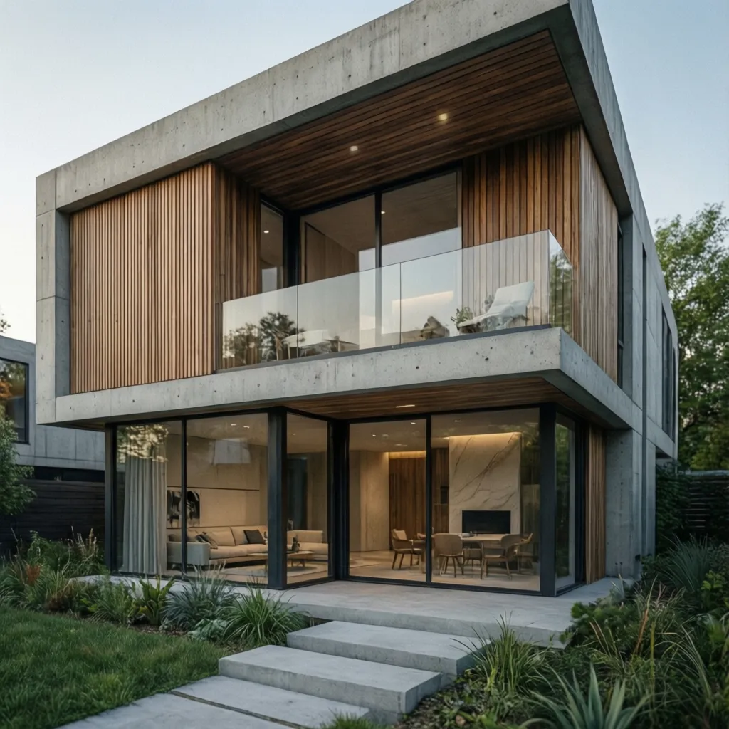 Combinación de materiales modernos como hormigón, madera y vidrio en una vivienda