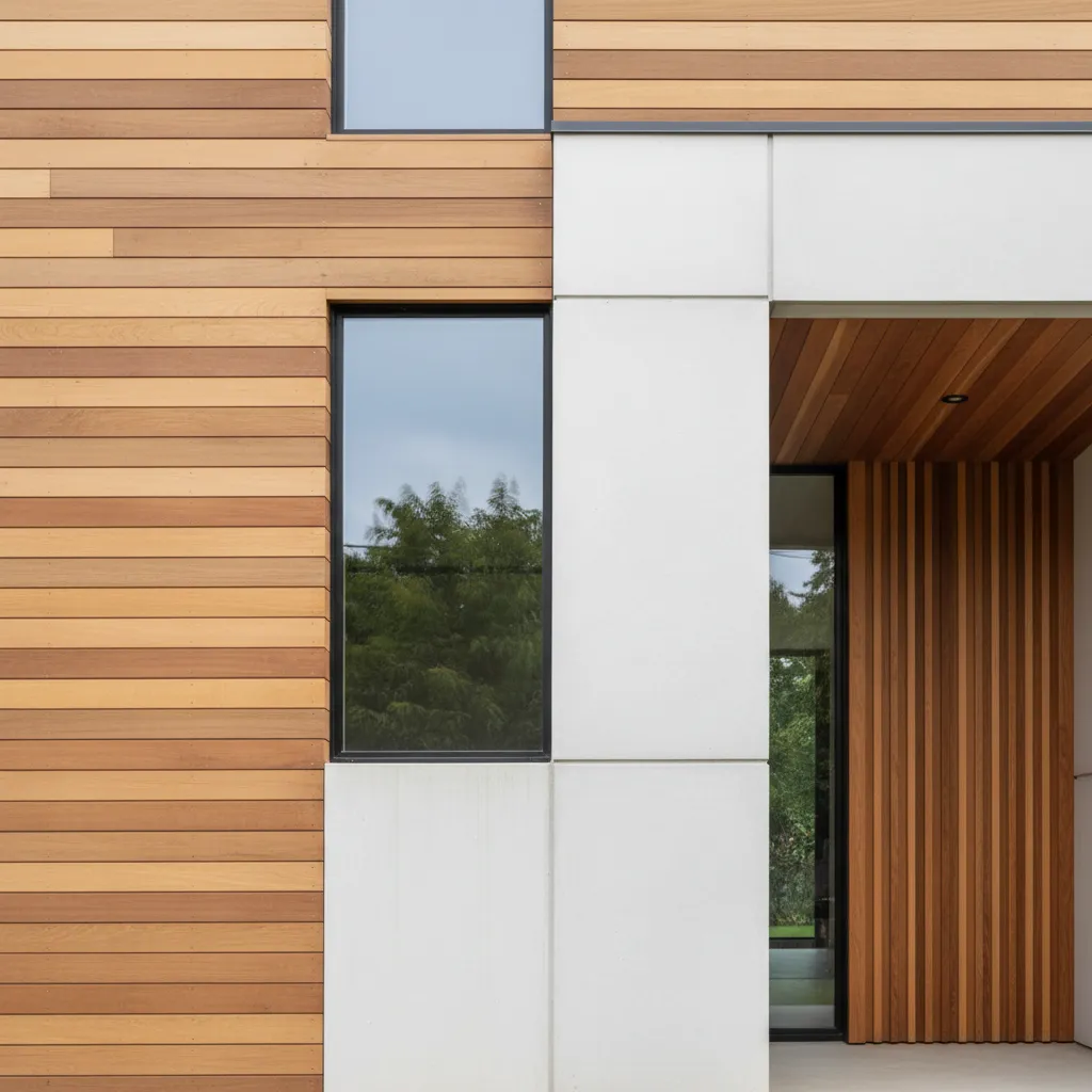 Detalle de materiales modernos como madera y hormigón en fachada